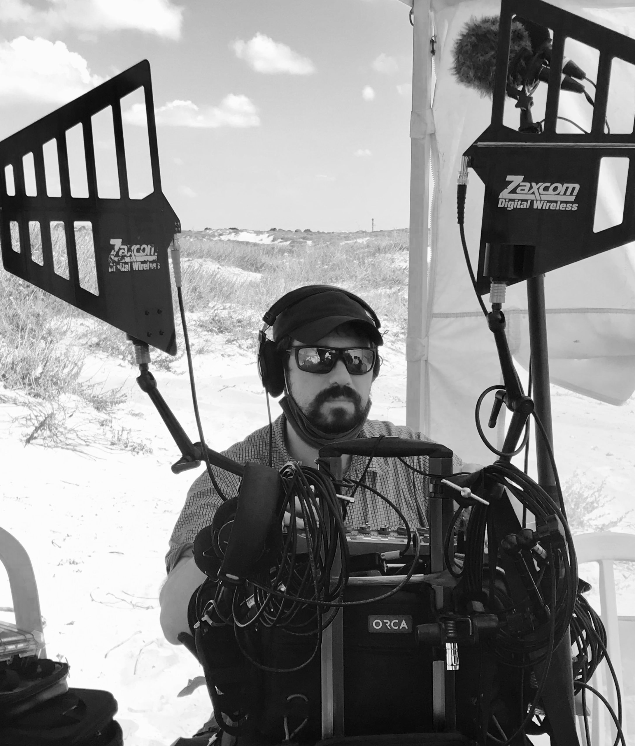 Alfred Tesler with Zaxcom wireless antennas on location