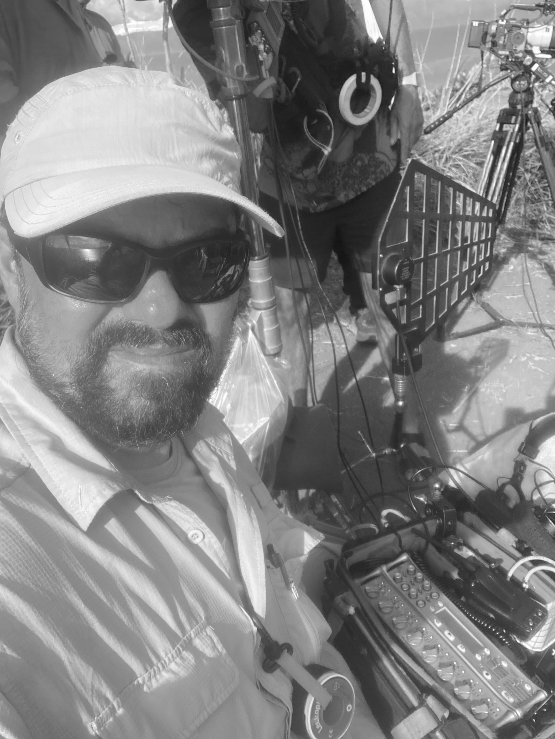 Alfred Tesler with wireless boom operator on location